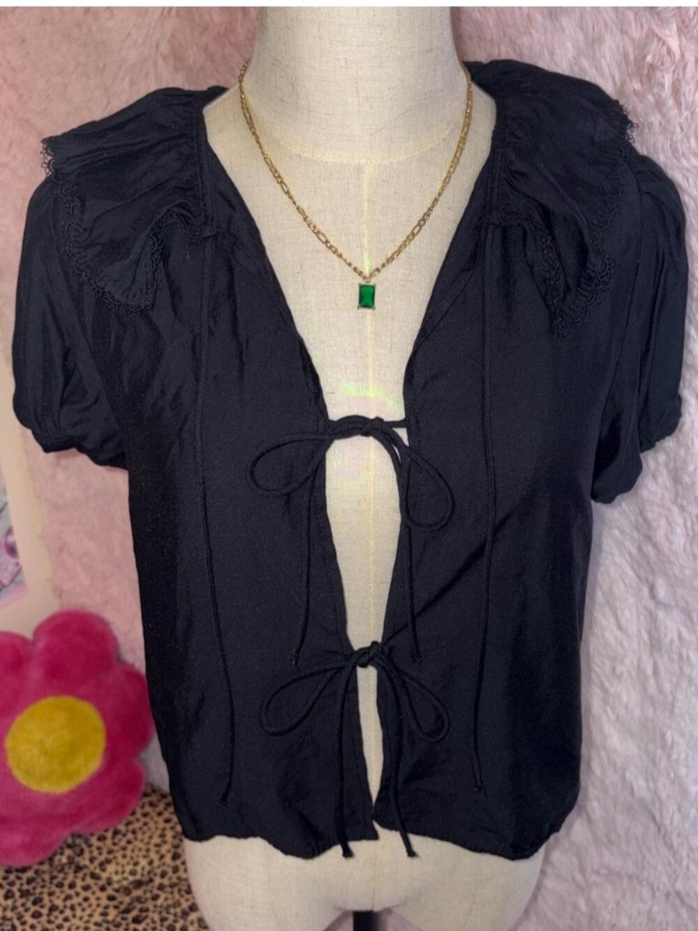 Black lace trim blouse with tie front